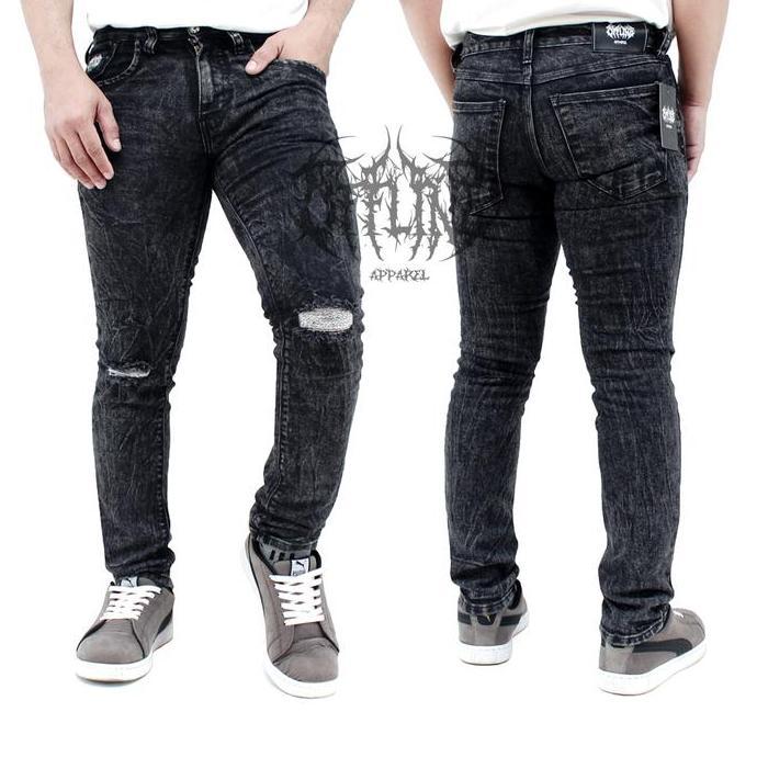 OFFLINE CELANA JEANS PRIA SOBEK LUTUT Slim fit Distro Denim Straight / Grey Hitam Melar Panjang Read