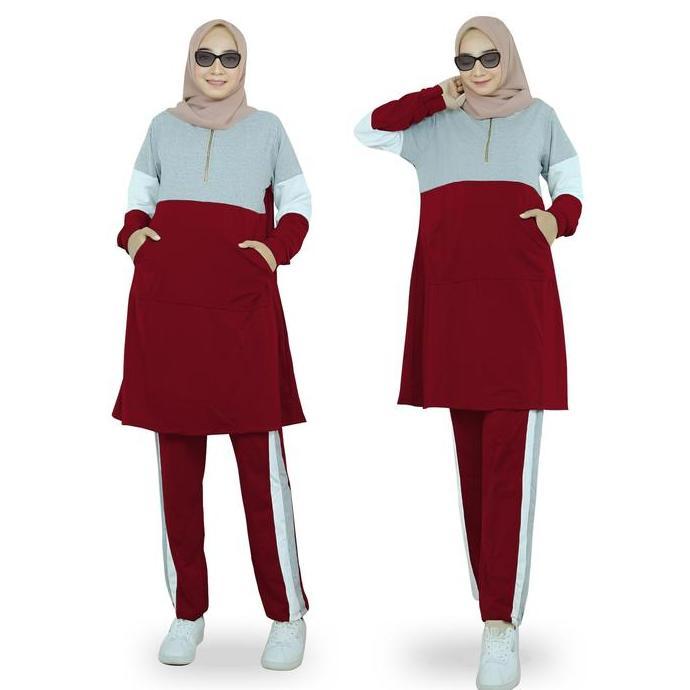 RAFIKA SET Setelan Training Olahraga Senam Wanita Muslimah Babyterry Lengan Panjang Size L-3XL / 337