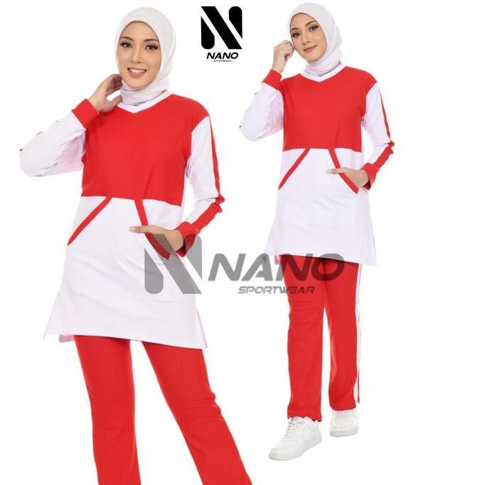 Bagusbanget- Nano Sport || Baju Senam Wanita / Setalan Olahraga Wanita Merah Putih