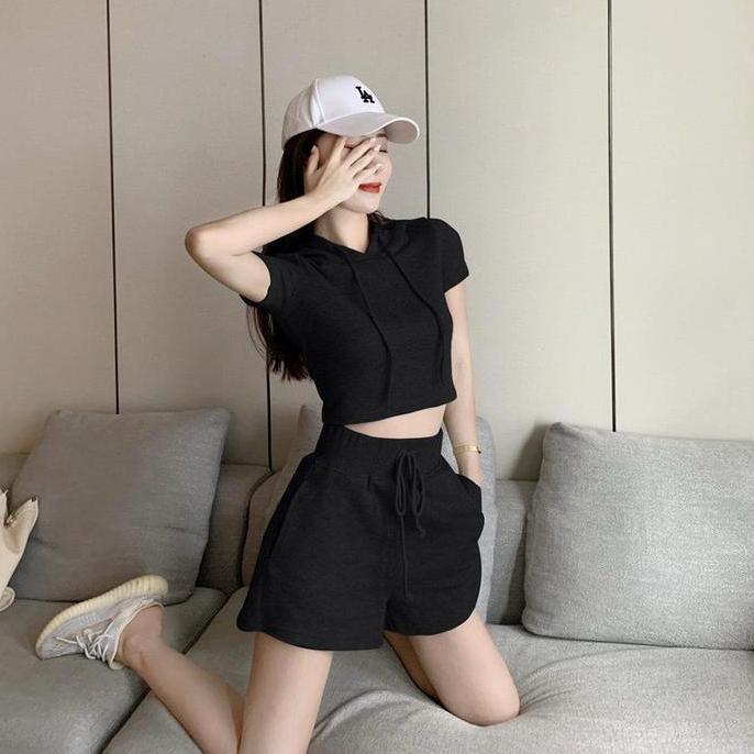 KSE-18 set baju olahraga gym senam wanita import korea jepang hitam