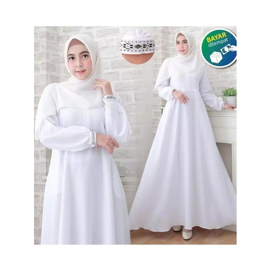 Termurah  Gamis Putih Polos Nabila Maxi Dress Muslim Wanita / Gamis Crinkle Airflow Jumbo Ld 120 / G