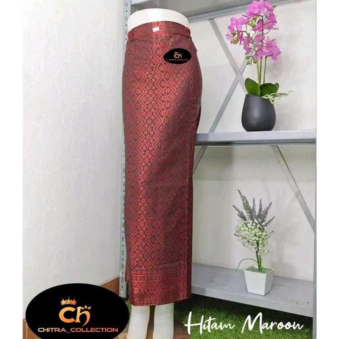 Rok Span Songket Kebaya Wanita//Rok Songket Jadi/Rok Span Songket Belah Samping Karet Pinggang Putih