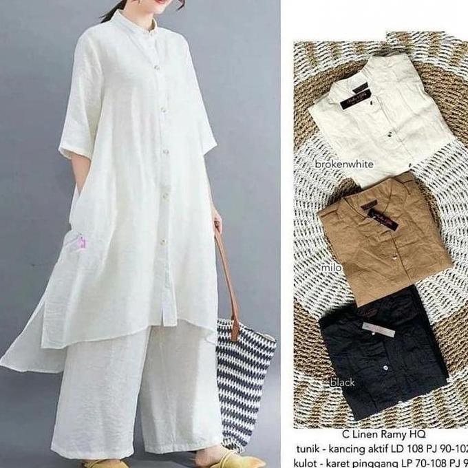 Setelan Muslim Wanita Terbaru / One Set Tunik+Kulot Bahan Katun Linen ES
