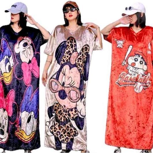 Dress big size velvet bludru panjang jumbo semata kaki Wanita Casual