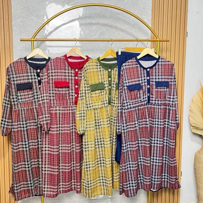 Zia Setlong Tunik Setelan Celana One set Long Tunik Wanita Jumbo Motif Kotak Busui Friendly HM