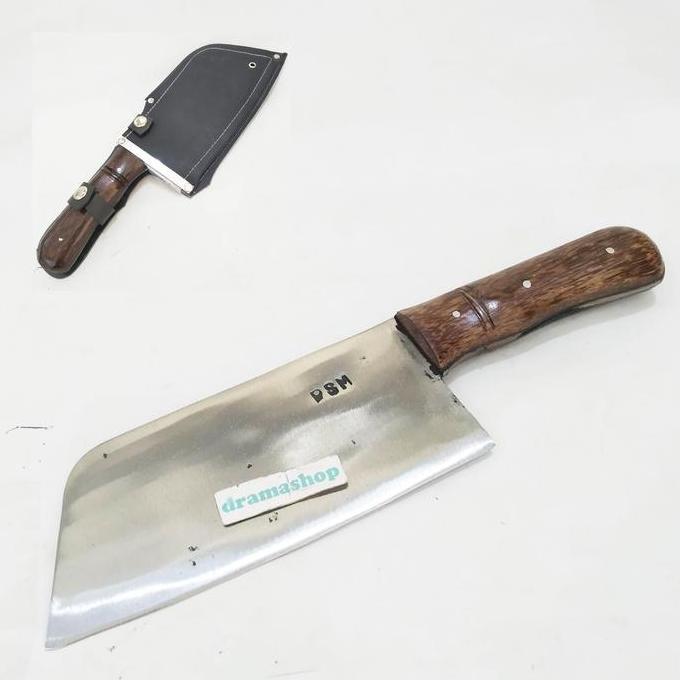 BEBAS ONGKIR - Pisau Golok Cincang Ayam Ikan Tempa Gagang Tembus Bersarung