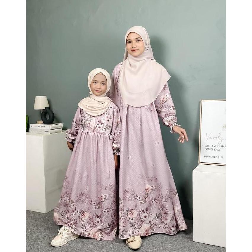 Baju Gamis Muslim Lebaran Couple Ibu dan Anak Usia 2-12 Tahun Motif Bunga Elegan Desain Mewah untuk 