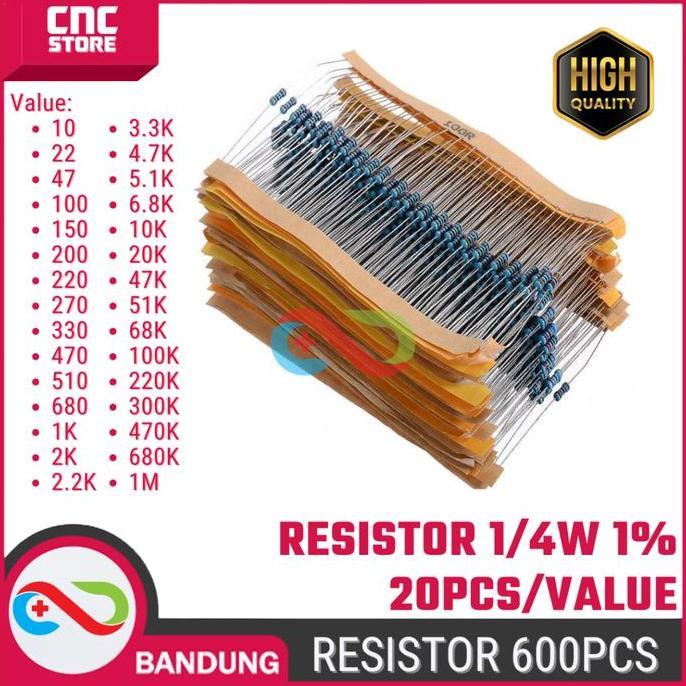 Paket 600PCS Resistor 1/4W 1 Metal Film 30 Nilai Resistor per 20PCS untuk Proyek Elektronik