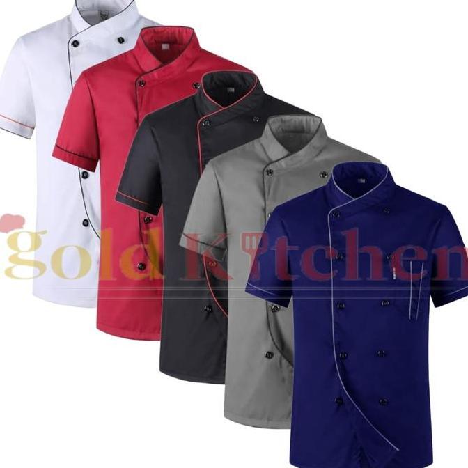 Baju Chef Baju Koki Chef Jacket Seragam Kerja Lengan Pendek Model Mandarin Seragam Bordir Abu Hitam 