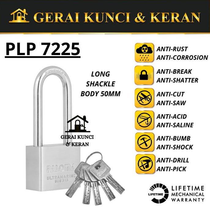 TERMURAH - PALOMA PLP 7225 Gembok 50MM Body - LONG SHACKLE Ultramarine SUS 316