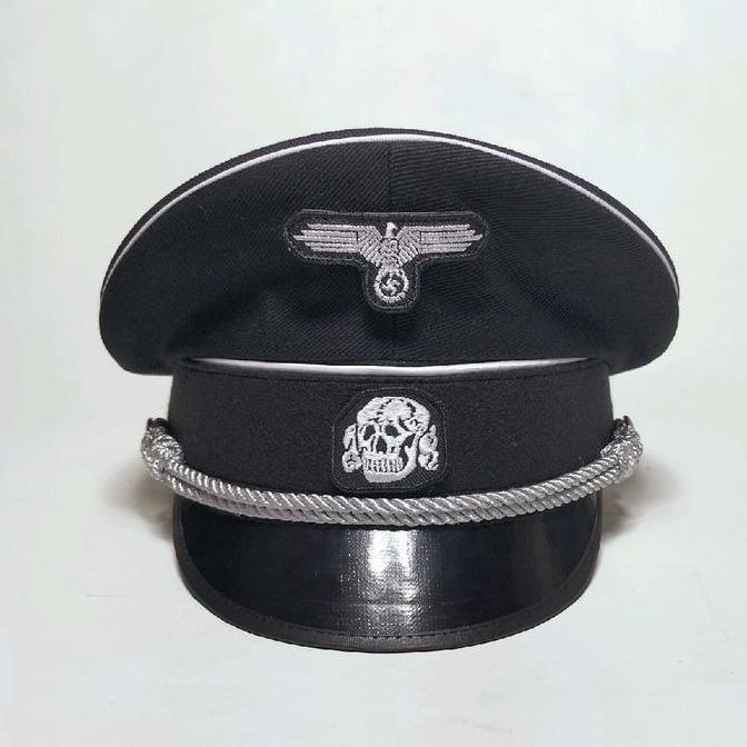 Topi Pet Visor Hitam SS Jerman WW2 versi Patch Bordir untuk kostum cosplay