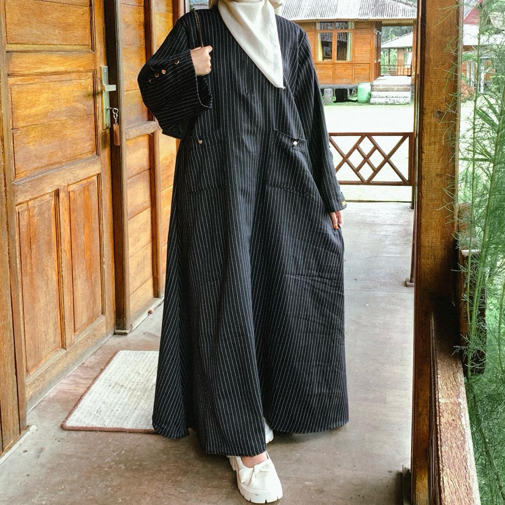 Bergaransi Abaya Salur Strip Gamis Motif Salur Semiwoll Busui