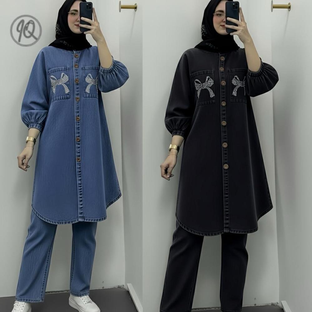 Disc Setelan Long Tunik Jeans Jumbo Premium Bahan Jeans