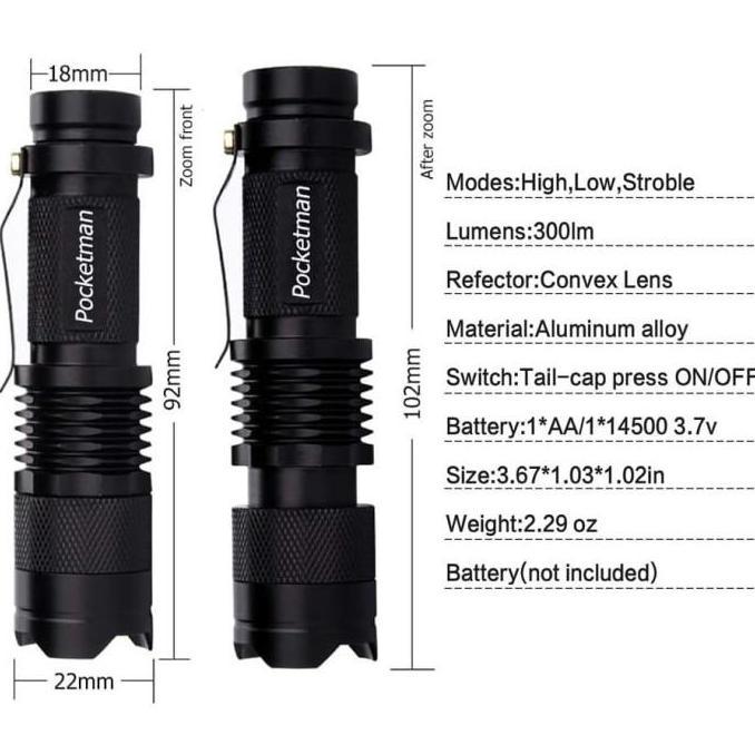 Pocketman Senter LED Flashlight Police SWAT Mini Zoom Camping Anti Air