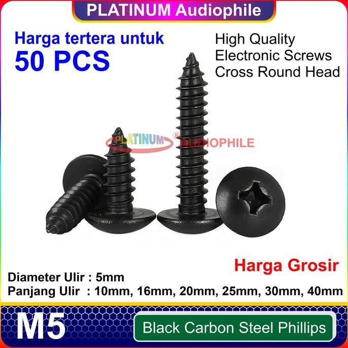 SPORTOV Sekrup Hitam M5 50pcs Speaker Baut Skrup kasar lancip tajam Carbon Steel