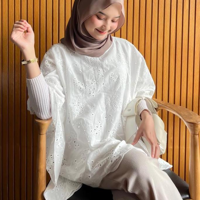 Raia Kaftan Outer Bordir - Kaftan Lebaran - Outer Kaftan-baju bordir wanita Katun Muslim Putih