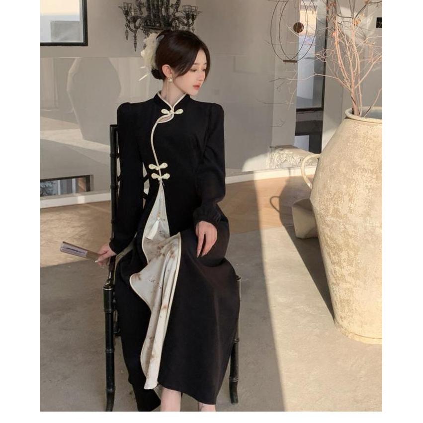 Dress Qipao Gaya Oriental Korea Vintage Retro Klasik Dress Panjang Cheongsam Pasti Diskon