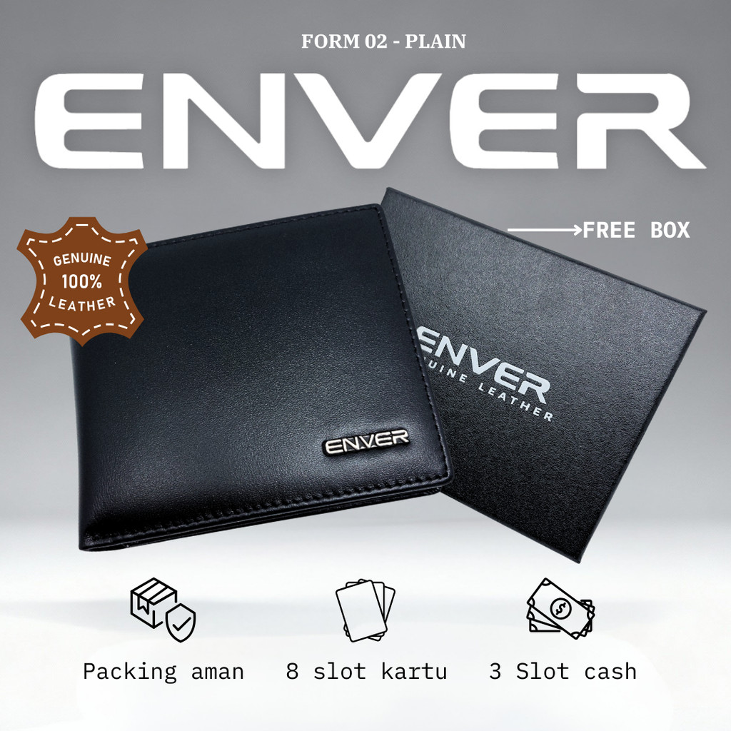 ENVER Dompet Pria Kulit Asli Bifold Motif Logo Slim Minimalis Hitam