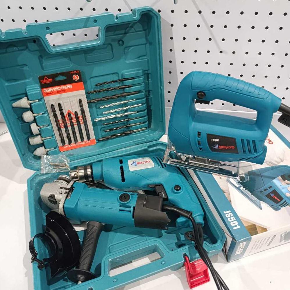 DISKON PAKET 4 ITEM PROMO MURAH !!! GERGAJI JIGSAW MESIN JIGSAW + BOR LISTRIK 10MM KAIROS + GERINDA 