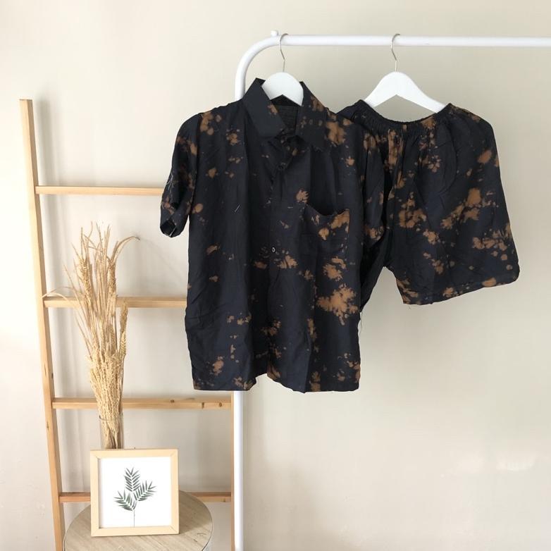 terbaru one set setelan atas bawah pendek tie dye pria wanita full kancing