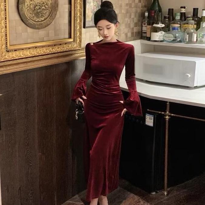 DV288 >> Dress Bludru Bodycon Lengan Panjang Model Terompet Dress Mewah Elegant Korean Style - G040