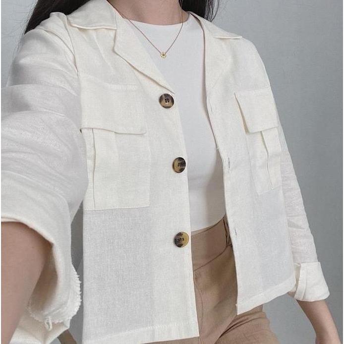 DF374 - Claryn Outer Linen Crop Version - Kemeja Linen - Atasan Wanita | Kardigan Saku 2289 kancing 