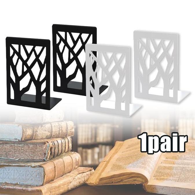 BOWATA 2pcs Penahan Buku Besi Book End - Sandaran Pembatas Buku untuk Rak Buku Hitam Putih