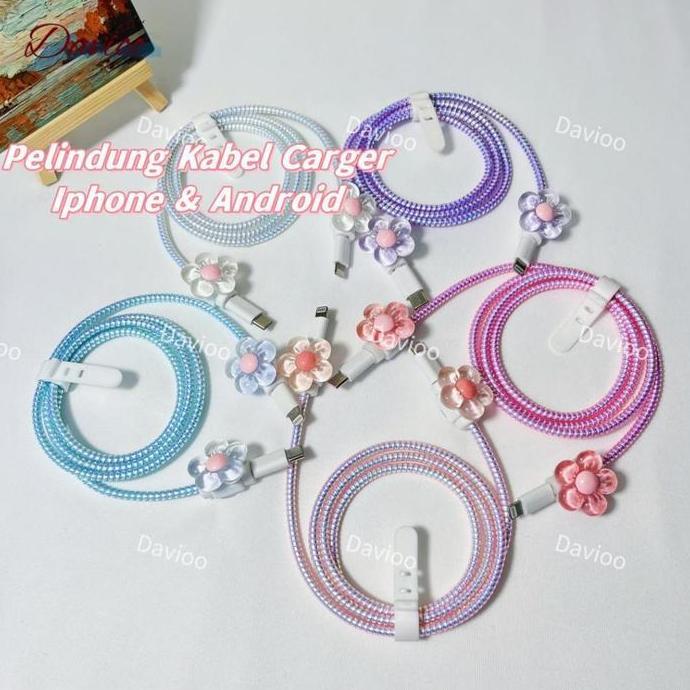1 Set 4 item Pelindung Kabel Carger Universal Motif Bunga Pelindung Kabel Data Kawat Kabel Data HP F