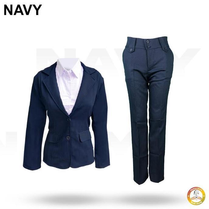 One Set Setelan Jas Blazer Celana Bahan Panjang Kancing Saku Stelan Jas Kerja Kantor Cewe Polos Dewa