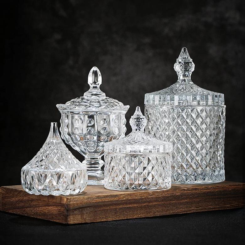 European Diamond Striped Glass Storage Jar Nut Candy Box Crystal Glass Jar with Lid Aromatherapy Can