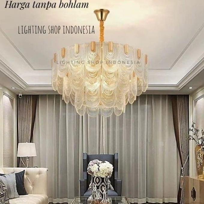 Lampu gantung kristal bulat kaca plafon gantung 16 lampu gold 3 susun