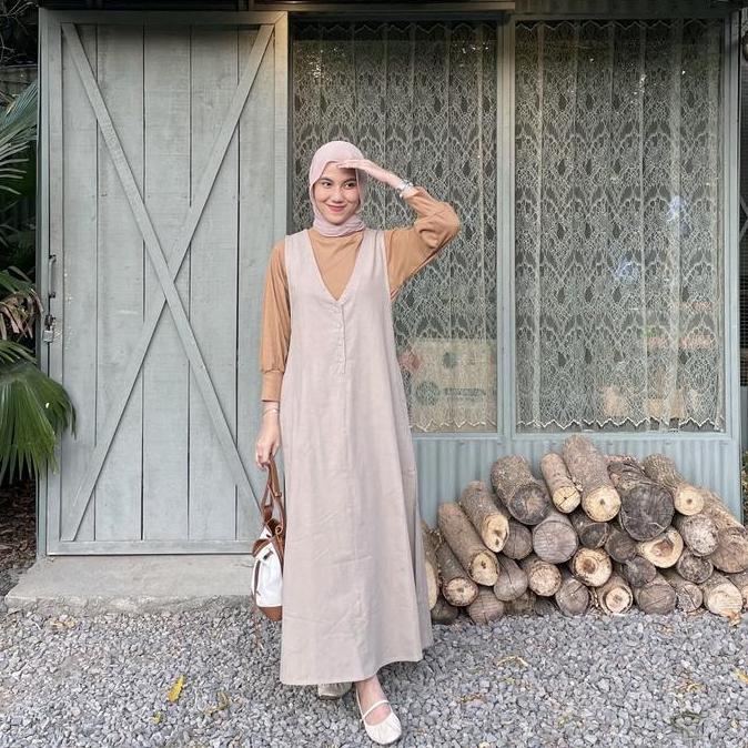Diskon Yeppuoutfit Jiyeon Overall Long Dress - Outer Jumpsuit Basic Long Dress Muslim Berbahan Linen