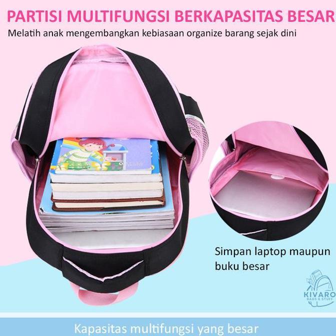 Tas Troli Roda Anak Perempuan SD Bisa Lepas Pasang Cat Black Pink Dapat Slingbag & Kotak Pensil | Ki