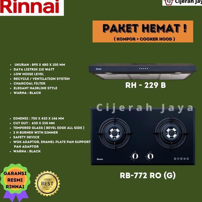 RINNAI PAKET KOMPOR TANAM 2 TUNGKU RB 772RO(G) + COOKER HOOD RH 229B
