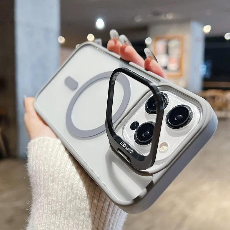 CUCI GUDANG Hollow Case Magsafe Luxury Metalic Lens Protector + Standable - Hardcase/ Casing Hp Comp