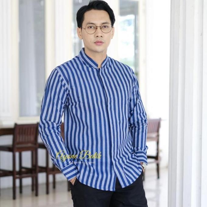 Kemeja Lurik Lengan Panjang Pria Lurik Pria Black Grey Lengan Panjang KEMEJA KOKO LURIK Kemeja Lurik