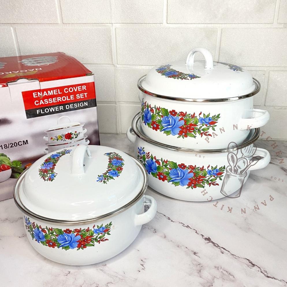 (3 Pcs) Panci Set Enamel Kembang Tutup Kaca Motif Jadul 16/18/20 cm / Panci Set Rumahan/ Panci Set K