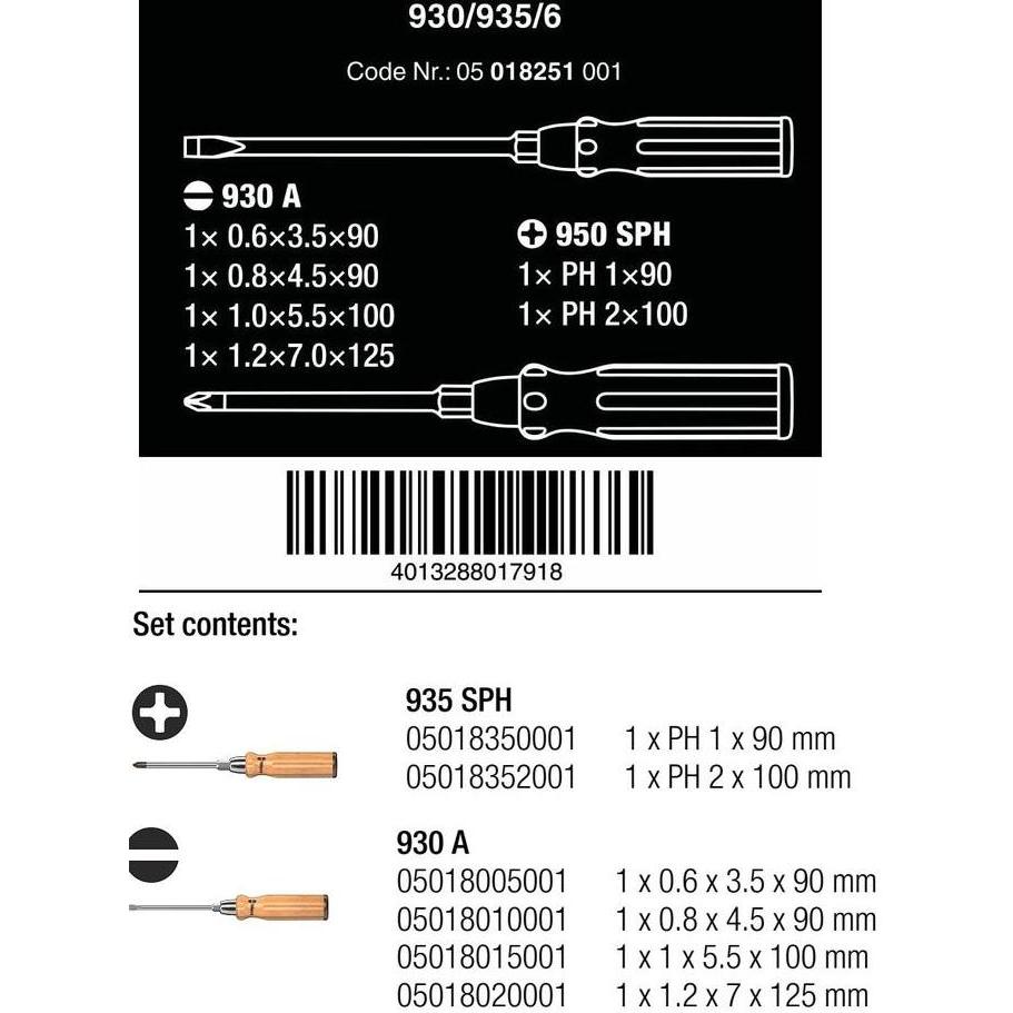 Wera 05018251001 - Obeng Wooden Handle Set 930/935/6 Screwdriver Set Wera Tools - 6 Pcs