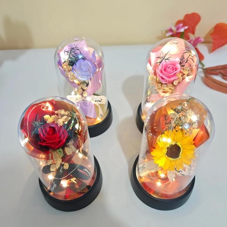 Bunga Mawar Led Lampu Hias Dekorasi Rose Valentine Hadiah Transparan Dome Flower Lampu Original