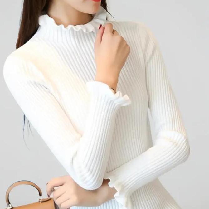 DF5 - Atasan Rajut Turtleneck Kriwil Tangan Panjang Kerah Tinggi Polos Santai Baju Tebal Wanita Pend