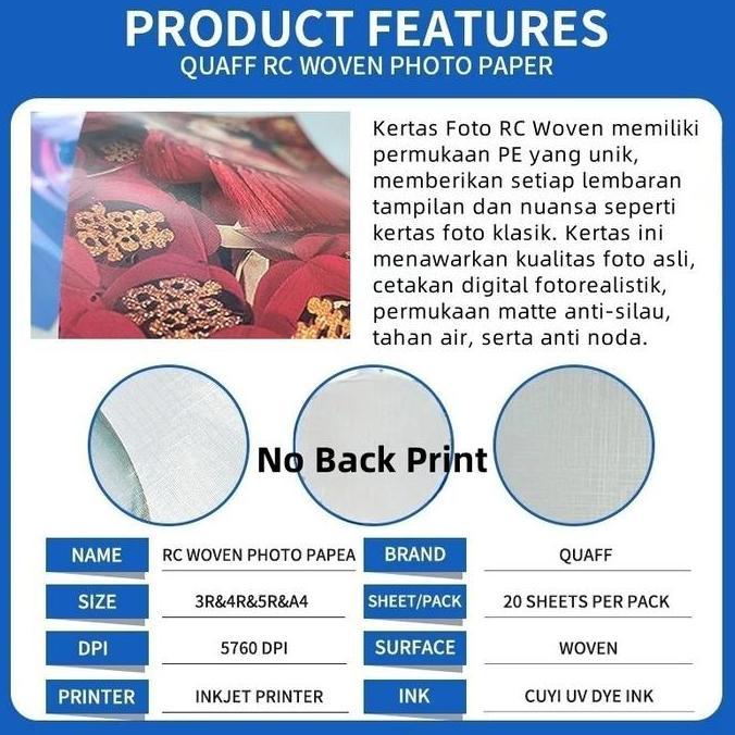 Xxct- Quaff Rc Woven Photo Paper 260Gsm 20 Lembar [A4/5R/4R/3R] - Kertas Foto Resin Tahan Air & Uv, 