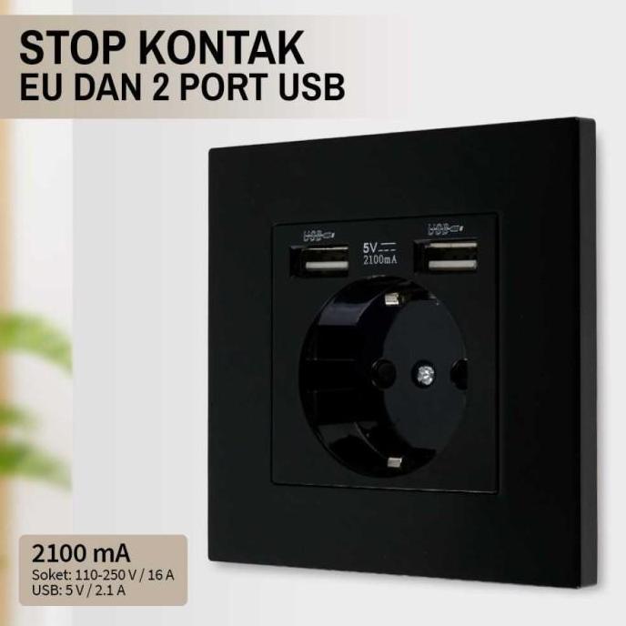 RETEKNO Stop Kontak Dinding EU Colokan Listrik Dinding dan 2 Port USB 2100 mA