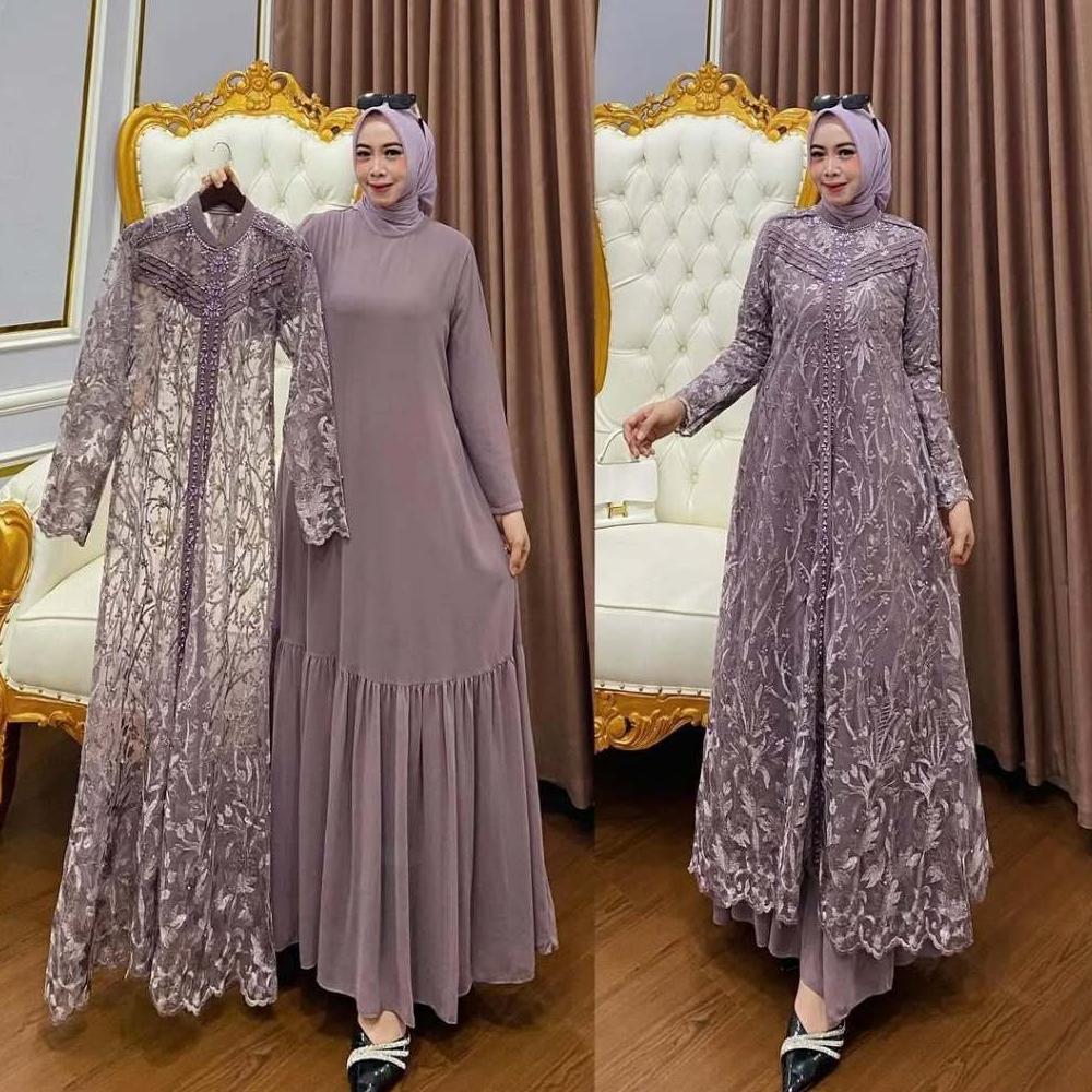 Baju Gamis Set Outer Brukat el Terbaru Zallia Dress Size M L XL XXL XXXL Bahan Ceruty Babydoll Aplik