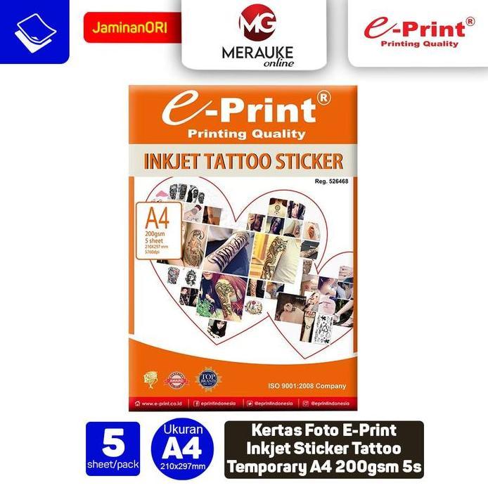 Kertas Foto E-Print Inkjet Sticker Tattoo Temporary A4 200gsm 5s