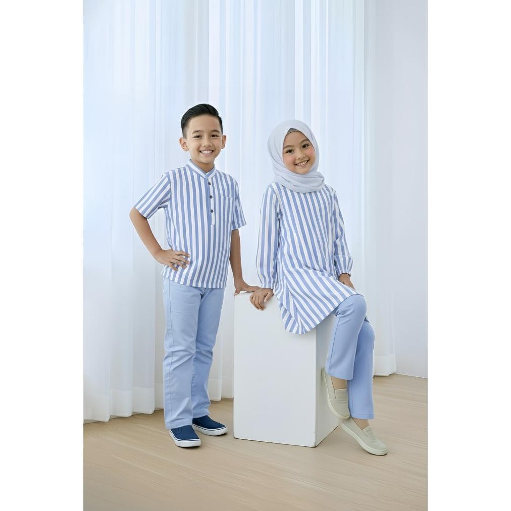 Premium Baju Couple Muslim Koko Anak Laki Laki Setelan Tunik Muslim Motif Salur Anak Perempuan 3-13 