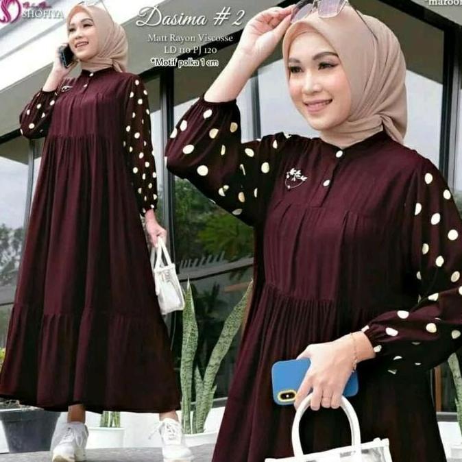 Termurah / Hot Sale Gamis Dasima Murah Bahan Rayon Premium Motif Polkadot Model Susun Rempel