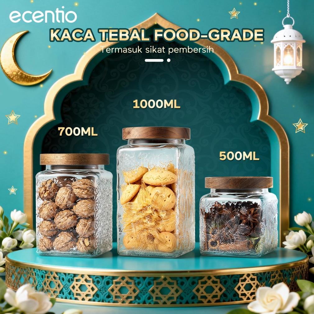 ecentio Toples Mewah Aesthetic ramadan Emas Kaca Ukuran Besar untuk Lebaran - Toples Kue Kering & Ke