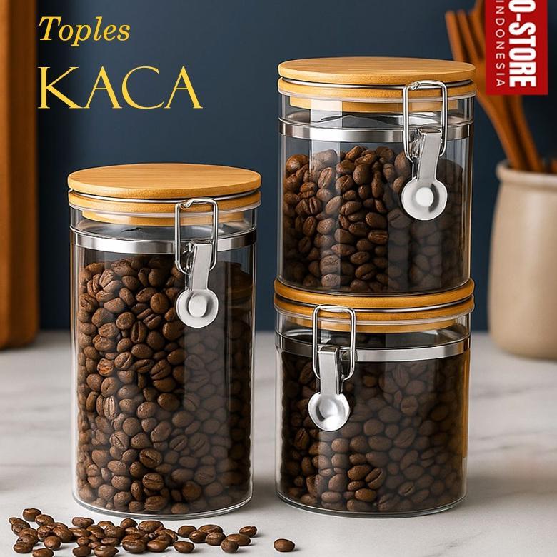 Toples Kedap Udara Toples Kaca Dan Tutup Kayu Dan Seal Toples Kopi Gula Teh Coffee Canister Glass St