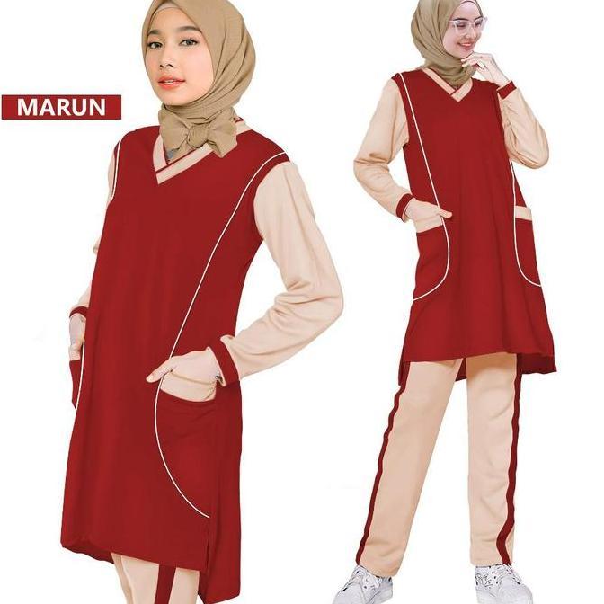 Bnr 1Set Stelan Baju Senam Muslim Kombinasi Syar'I Muslimah Sport Olahraga Joging Yoga Tenis Sepeda 