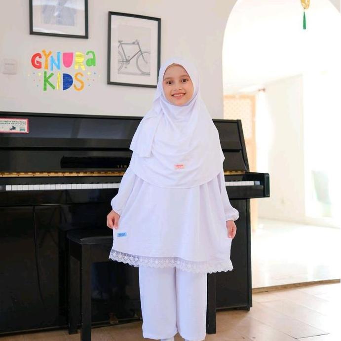 Setelan Putih Anak Perempuan | Baju Manasik Putih | Baju Muslim Setelan Tunik Putih Anak By Gynuraki